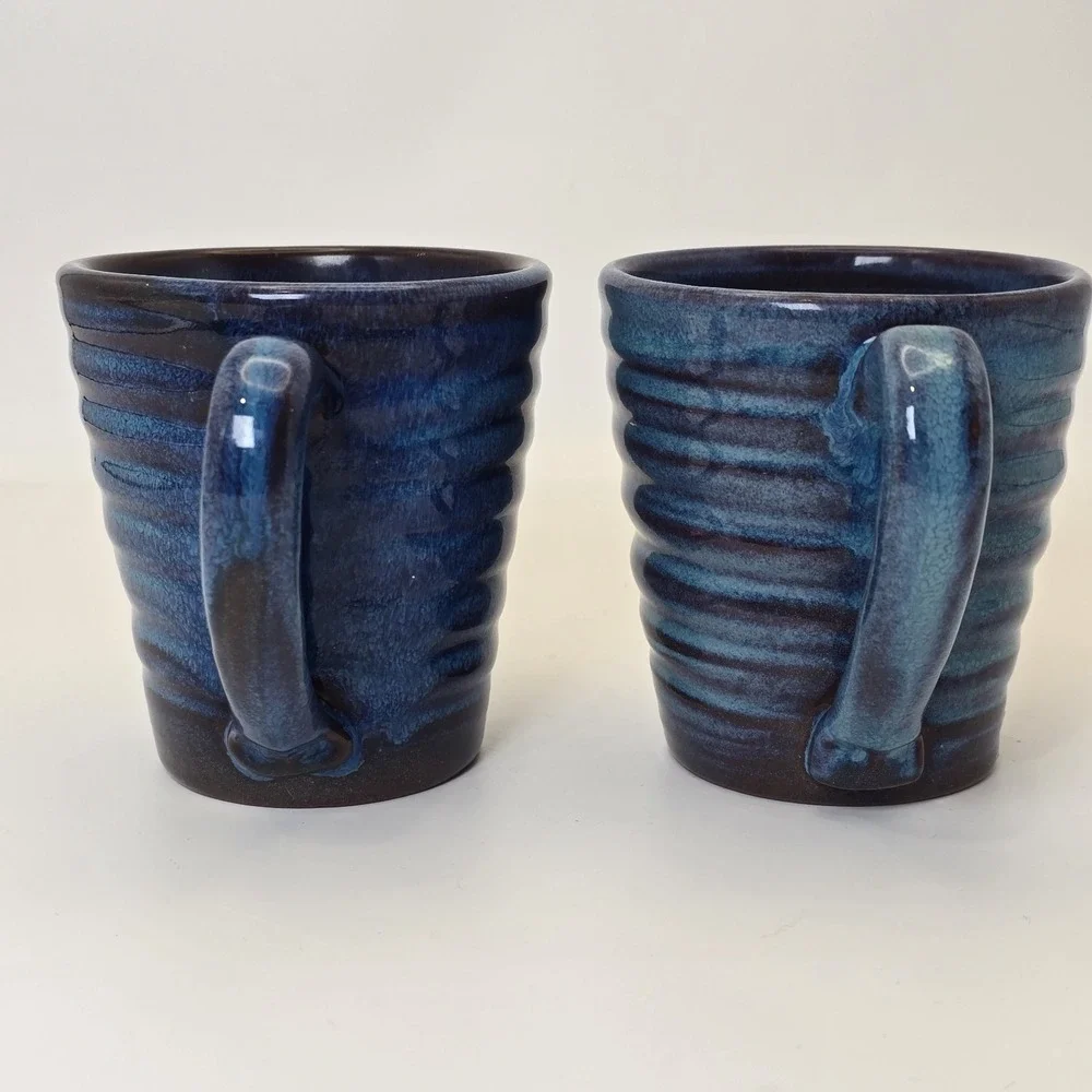 Rackliffe Pottery Blue Hill Maine Pair Signed Studio Pottery Blue Mugs - Picture 4 of 11